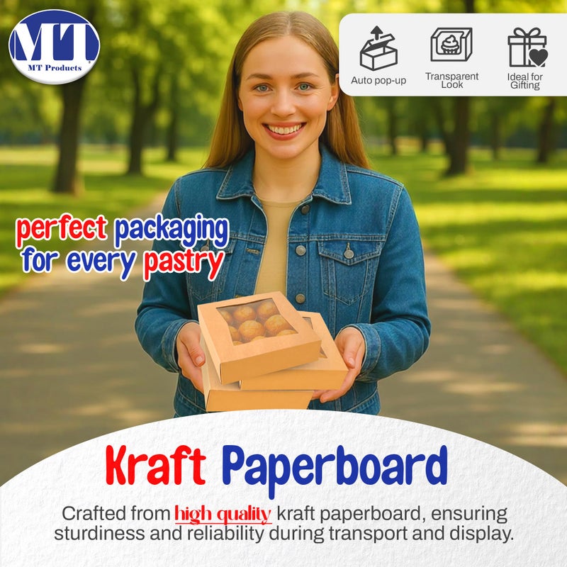 MT Products Brown Cookie Boxes 8" x 8" x 2.5" - Auto Pop-Up Bakery Boxes with Window (Pack of 25) - Made in the USA - Image 3